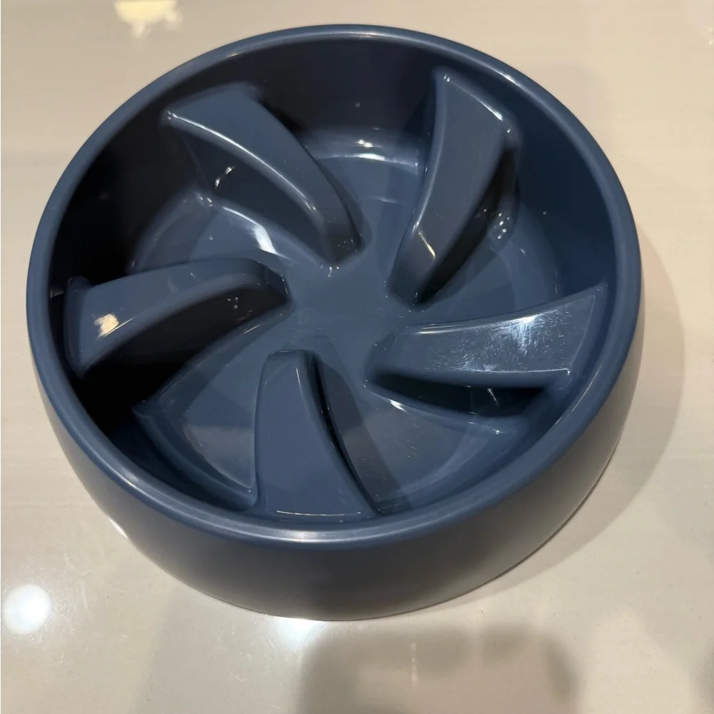 Blue Slow Feeder Dog Bowls (2) skid feet water or food 27” in diameter 2” depth